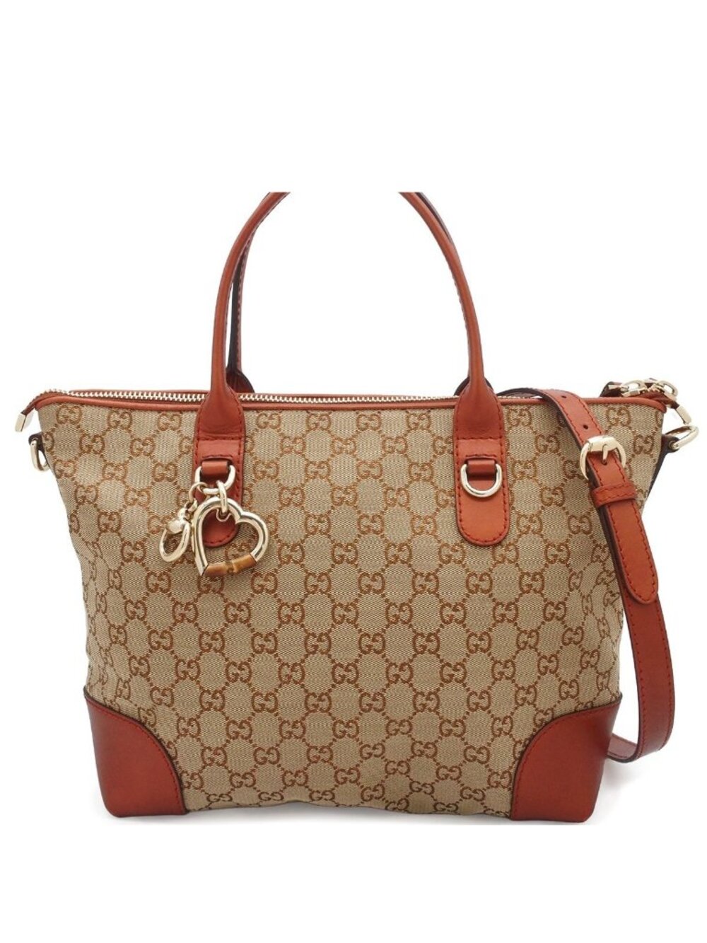 Gucci Heartbit Beige Orange GG Canvas Leather Heart Shape Charm 2-Way Shoulder
